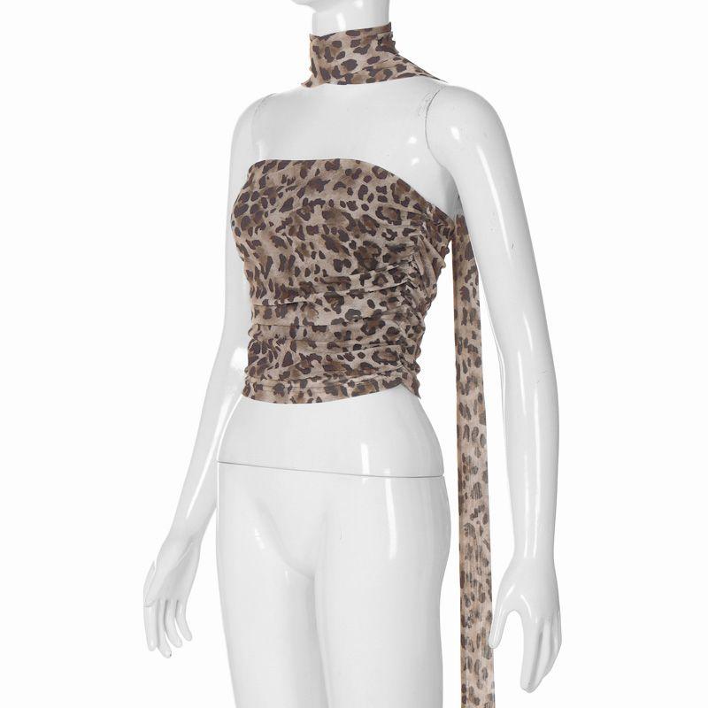 

Leopard Print Double Layer Patchwork Short Top Halterneck Ribbon Mesh Leopard print S