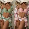 2025 Europejski i Amerykański Drukowany Trzyczęściowy Zestaw Bikini z Siateczkowym Narzutką