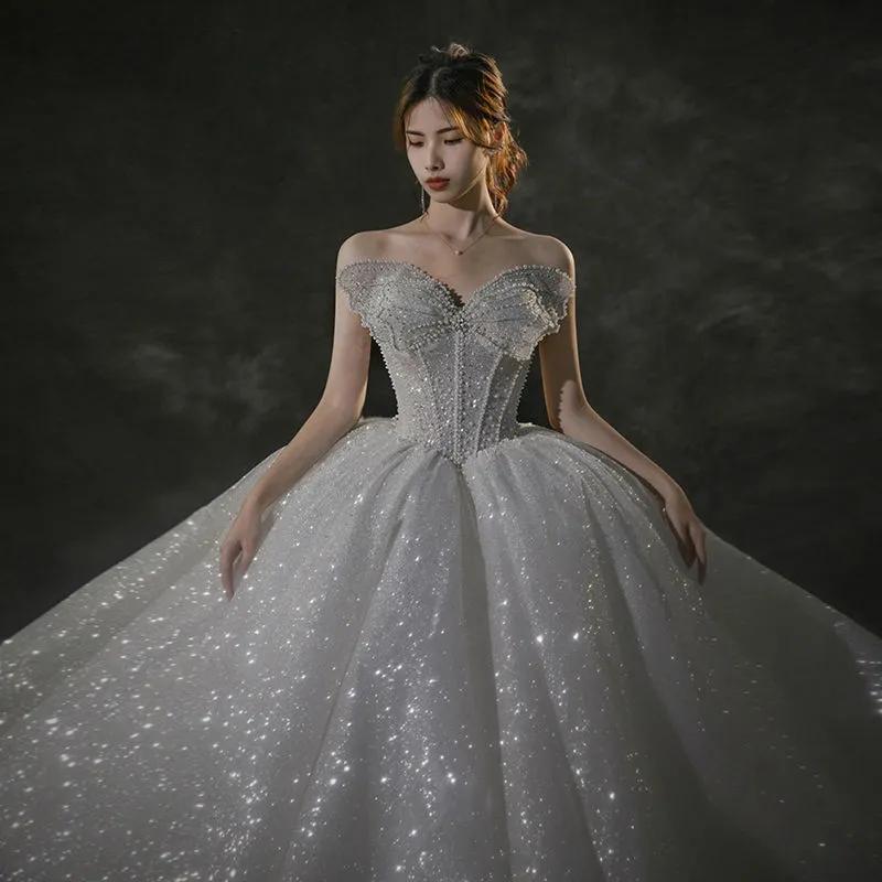 Rochie de Mireasă Fără Bretele cu Fundă Franțuzească - Rochie de Mireasă Luxoasă Strălucitoare, Rochie de Bal Prințesă din Tul cu Sclipici și Corset