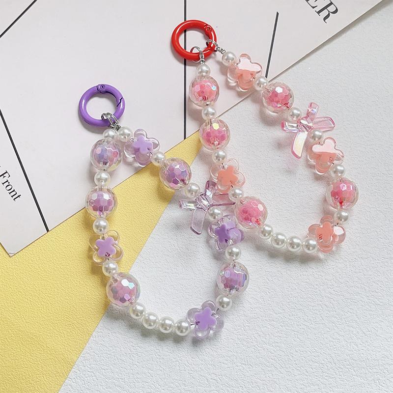 Creative  Beaded Bow Chain Pendant Decoration Keychain Mobile Phone Anti Loss Chain Bag Ornaments Car Accessories Gift