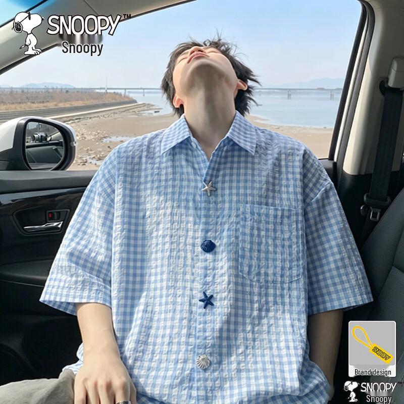 Snoopy Men s Summer Plaid Short Sleeve Casual Shirt XL