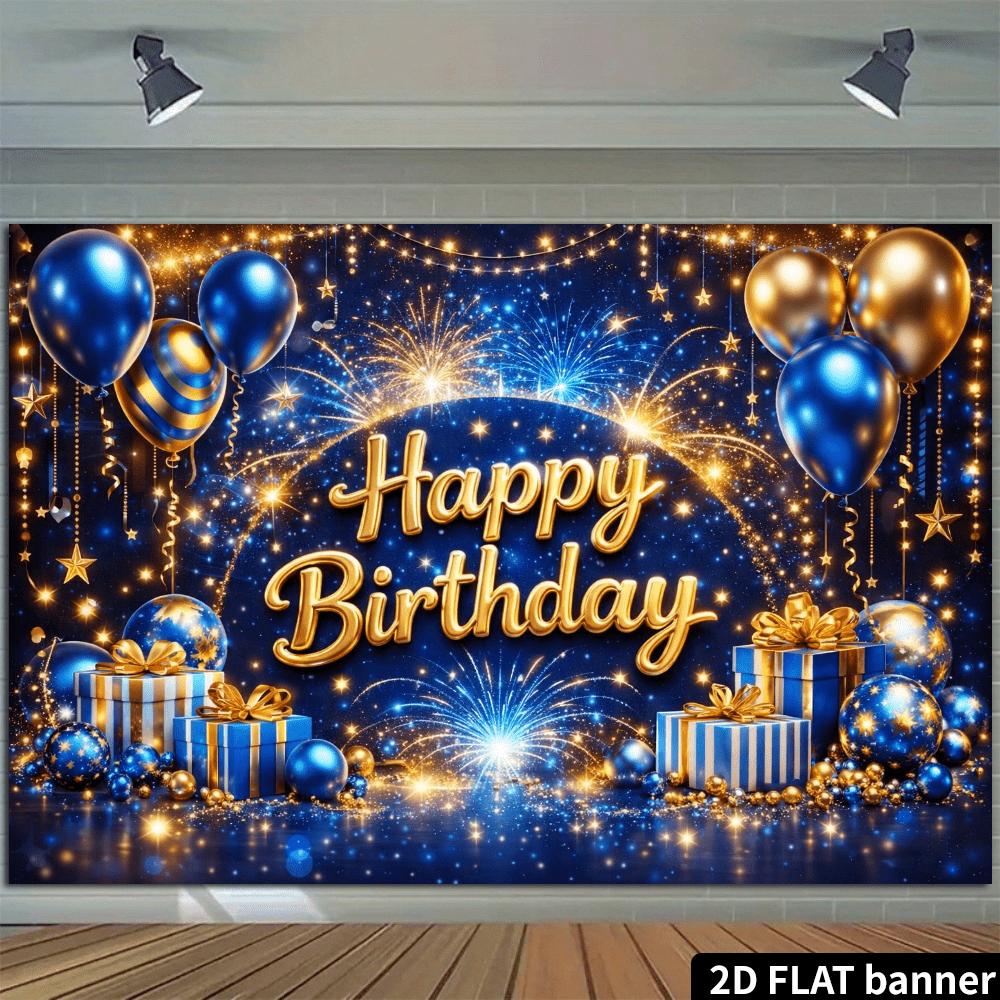 2D Flat Banner - Adult Golden Glitter Birthday Background Fabric - Golden "Happy Birthday" words shine on a dark blue background
