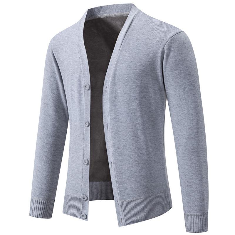Men S V Neck Long Sleeve Fleece Knit Cardigan Solid Color Casual