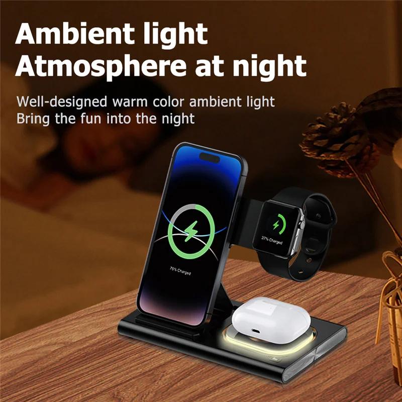 30W 3 In 1 LED Foldable Wireless Charger Stand For Samsung S24 S23 S22 Watch 6 5 4 Active 1 2 Galaxy Buds Fast Charging Station