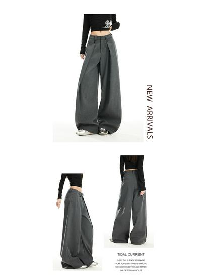 Gray Striped Wide-Leg High-Waisted Women's Pants - 2026 Spring Arrival, Straight and Slimming Versatile Suit Style.