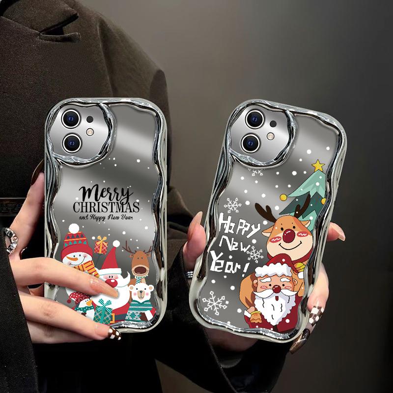 Roztomilý Merry Christmas Pattern Mirrror Shockproof Phone Case pro iPhone 15 Pro Max 14 13 Pro 12 11 Wave Frame Ochrana čočky Lesklé pokovování měkký kryt