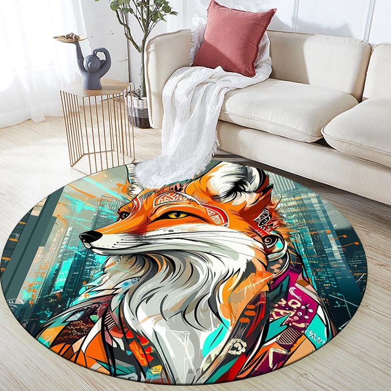 City Fox,Round Area Rug,Carpet Rug for Living Room Bedroom Sofa Playroom Decor,Non-slip Floor Mat