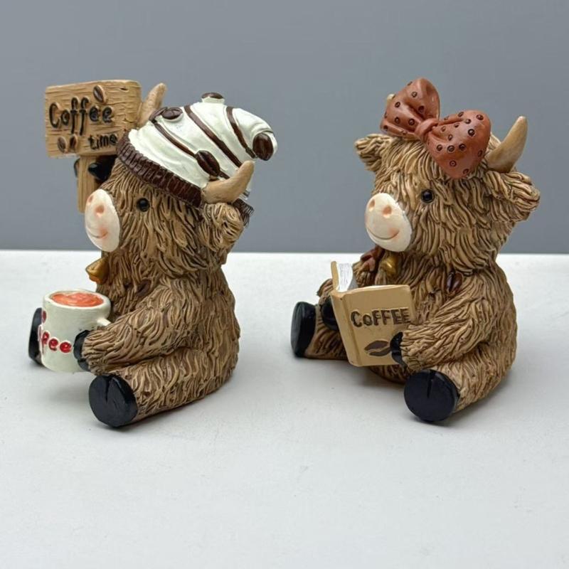 Coffee Highlands Cow Figurines Farmhouse Decors,Resins Animal Statue Table Ornament Garden Bookshelfs Decors Calf Lover