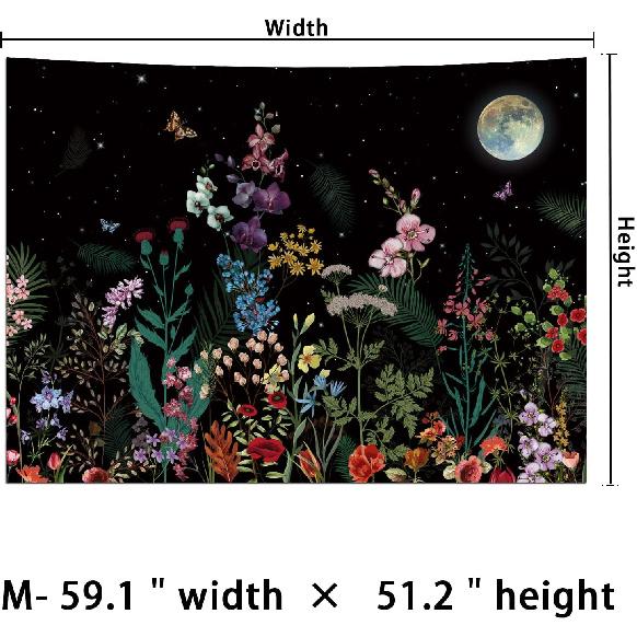 Generleo Floral Plants Tapestry Galaxy Moon Tapestries Vintage Boho Flower Butterfly Tapestries Black Starry Sky Nature Landscape Tapestry Wall
