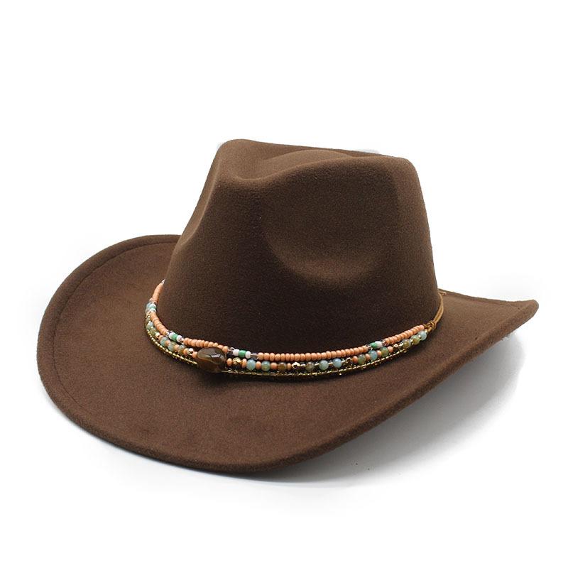 

Закрученная ковбойская шляпа в западном этническом стиле, тибетская фетровая шляпа, цветные бусины, веревочные аксессуары, рыцарская шляпа Tide M（56-58cm） темно-коричневого