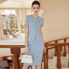 Women's Short Sleeve Blue Professional Skirt Suit - Summer Fashion Round Neck Reception Uniform