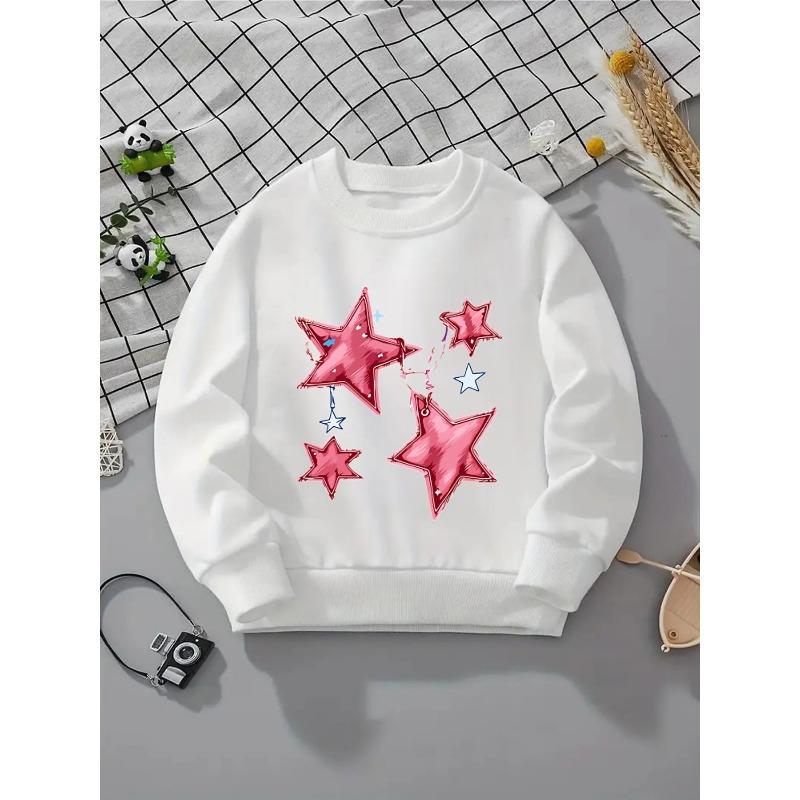 Kids Crewneck Sweatshirt, Pink Star Graphic Print, Spring Fall Casual Sport Tops