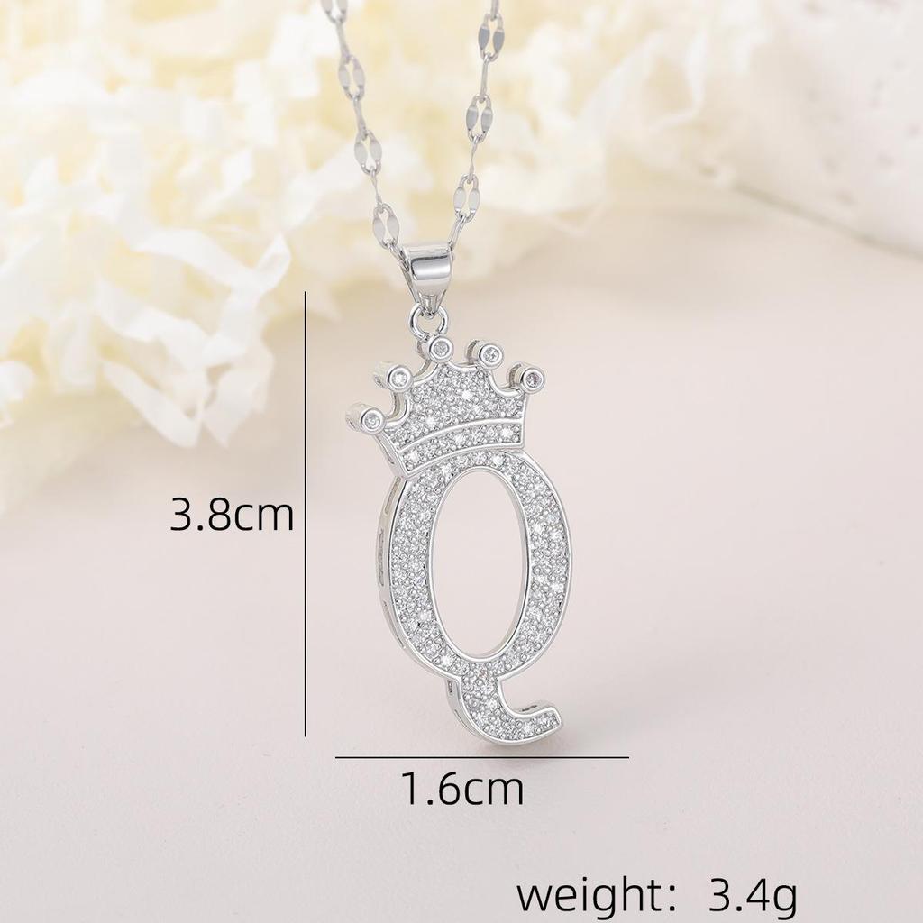 Copper Micro-Inlaid Zircon Crown Letter Pendant Necklace - Hip-Hop Silver Fashion