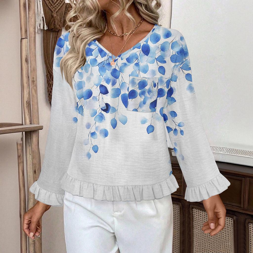 Women's Casual Fashion Ruffle V-Neck Pocket Print Long Sleeve Top