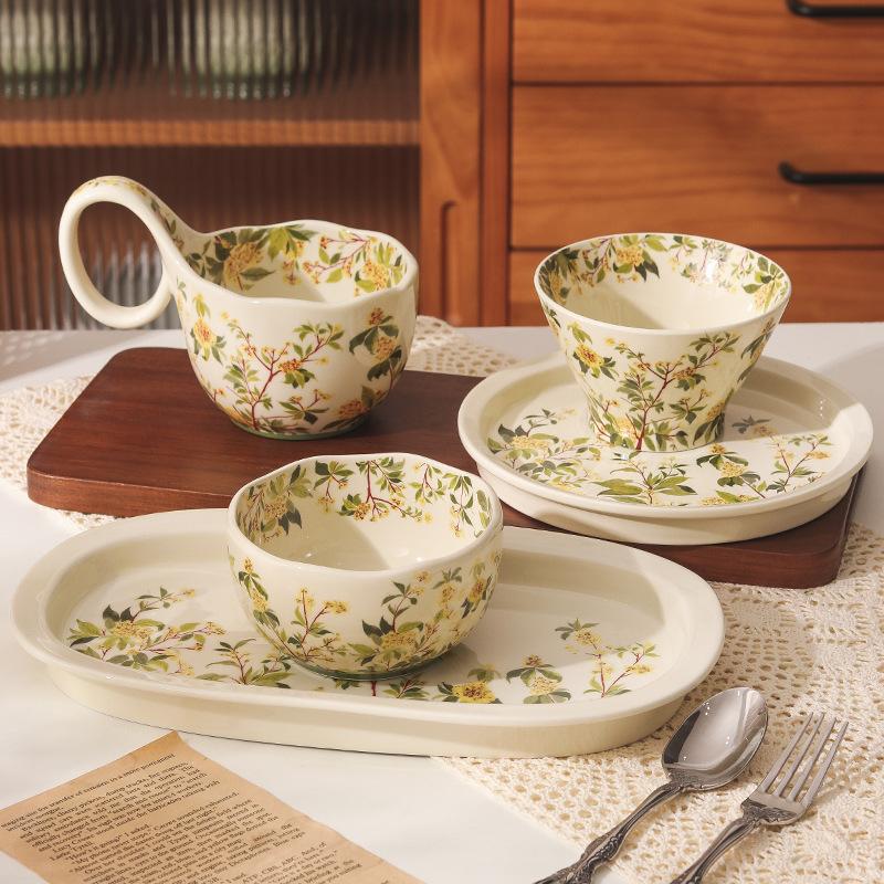 Retro Crape Myrtle Flower Ceramic Tableware Set High Value Dish Set Household Vegetable Plate Soup Plate Rice Bowl Soup Gift