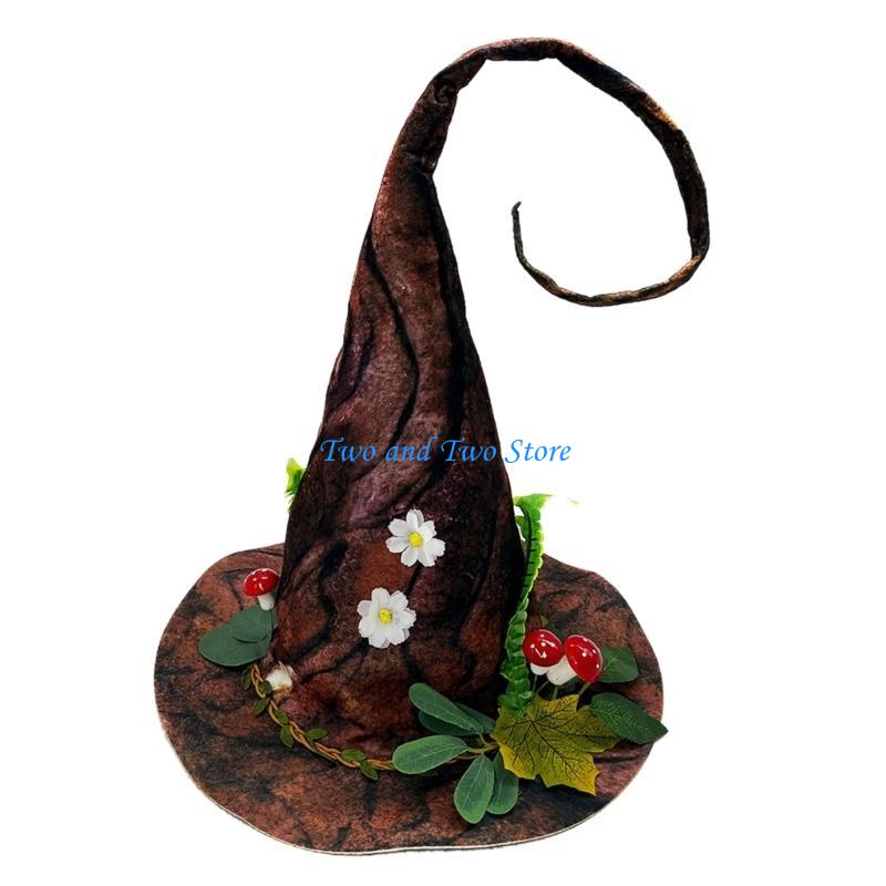 HX6F Unisex Halloween Curved Peaked Witch Hat with Flower Wizard Hat Men Women Cosplay Witch Hat Festivals Party Props