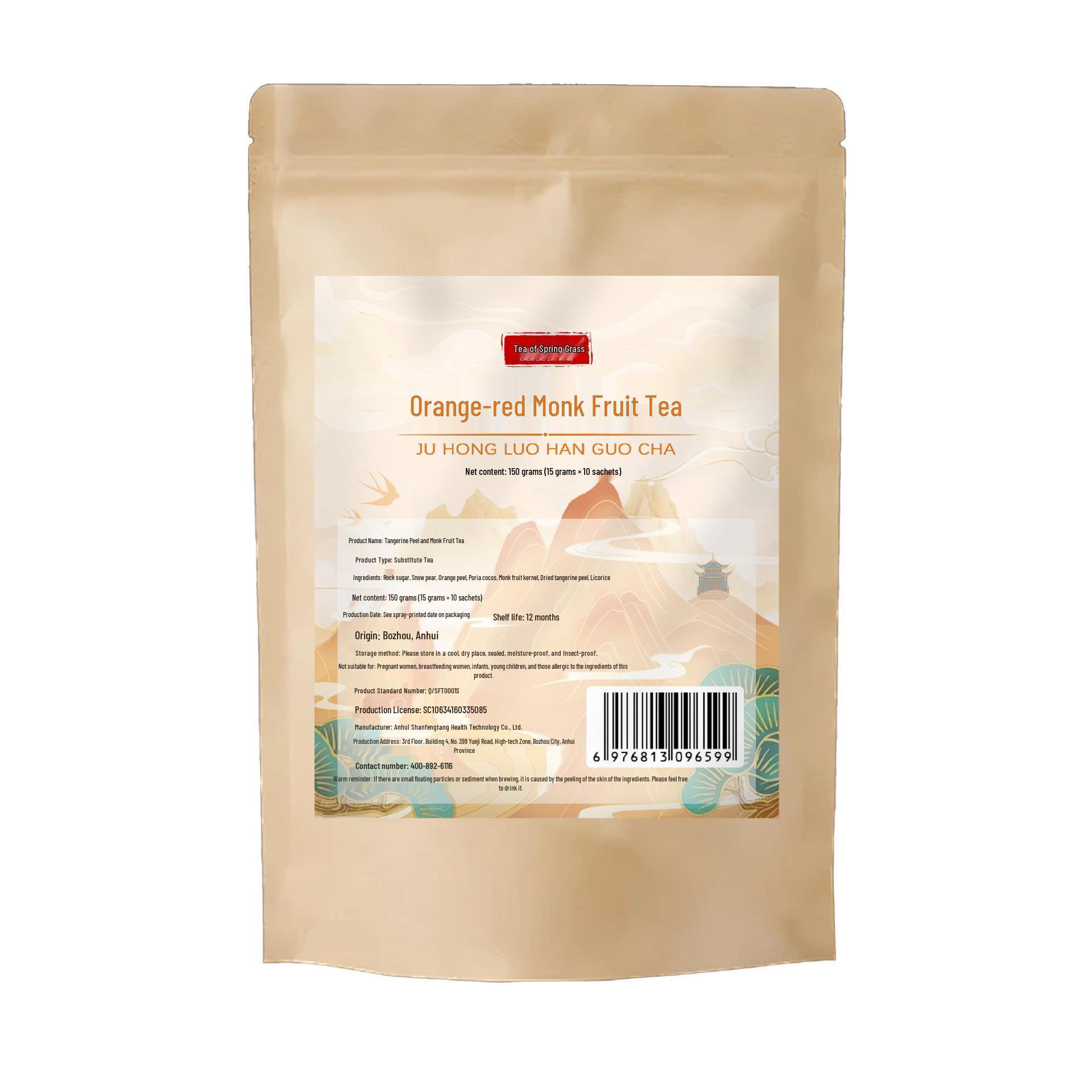 Orange-Red Monk Fruit & Rock Sugar Pear Tea with Poria, Licorice, and Orange Peel - Clear & Moistening Triangle Tea Bags.