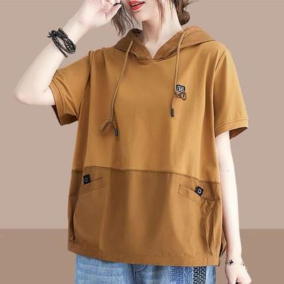 T Shirts Women Casual Vintage Patchwork T-shirt Art Hooded Short Sleeve Tops Summer Trend Loose Oversized T Shirt