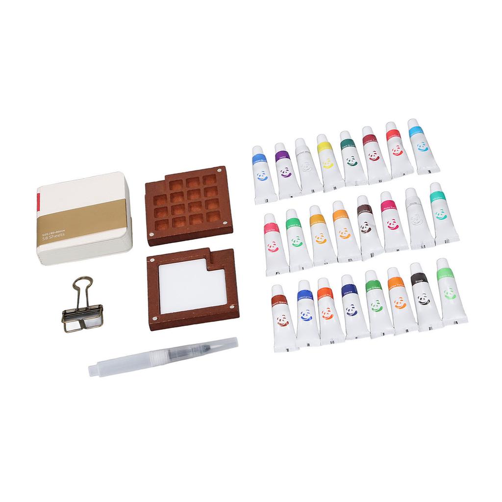 Portable Watercolor Palette Set 24 Color Paints Painting Brush Tiny Mini Artist Watercolor Travel Set with Clip