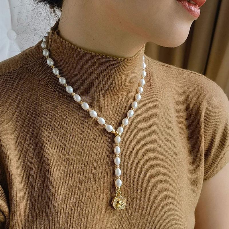 Trendy Camellia Flower Natural Freshwater Pearl 14K Gold Filled Female Pendant Necklace Jewelry For Women Chain Gift 45CM