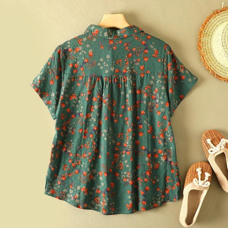 Vintage Floral Print Women's Shirt Summer Fashion Short Sleeve Pocket Loose Casual Blouse Comfortable Soft Thin Daily