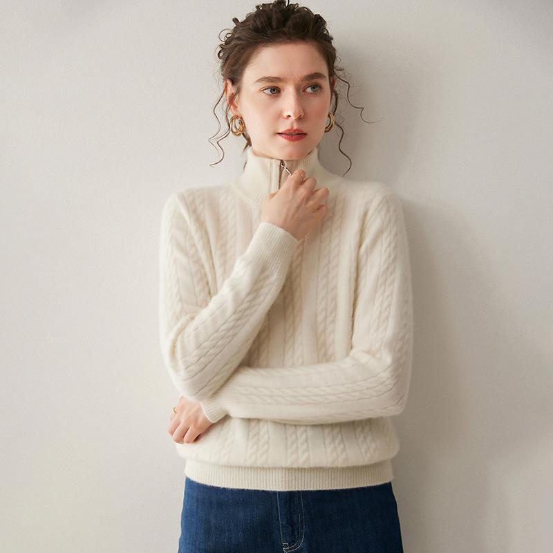 Women's Thickened Cashmere Stand Collar Sweater - Loose Fit, Zipper Lapel, Autumn/Winter 2024