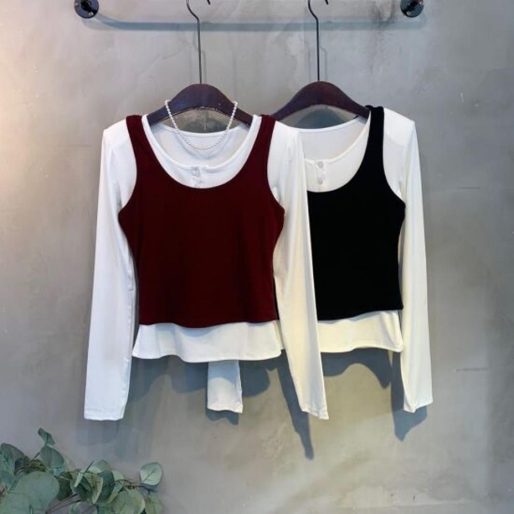 C S In The Room BoTTa Layered veST STreTCh Round neCk Snap T ShirT SeT 2Color