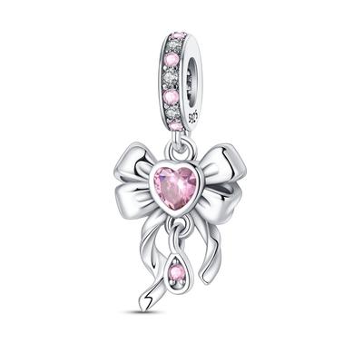 Original 925 Silver Pink Bow Charm Bead with Shining Zircon Dangle for DIY Women Bracelet Jewelry