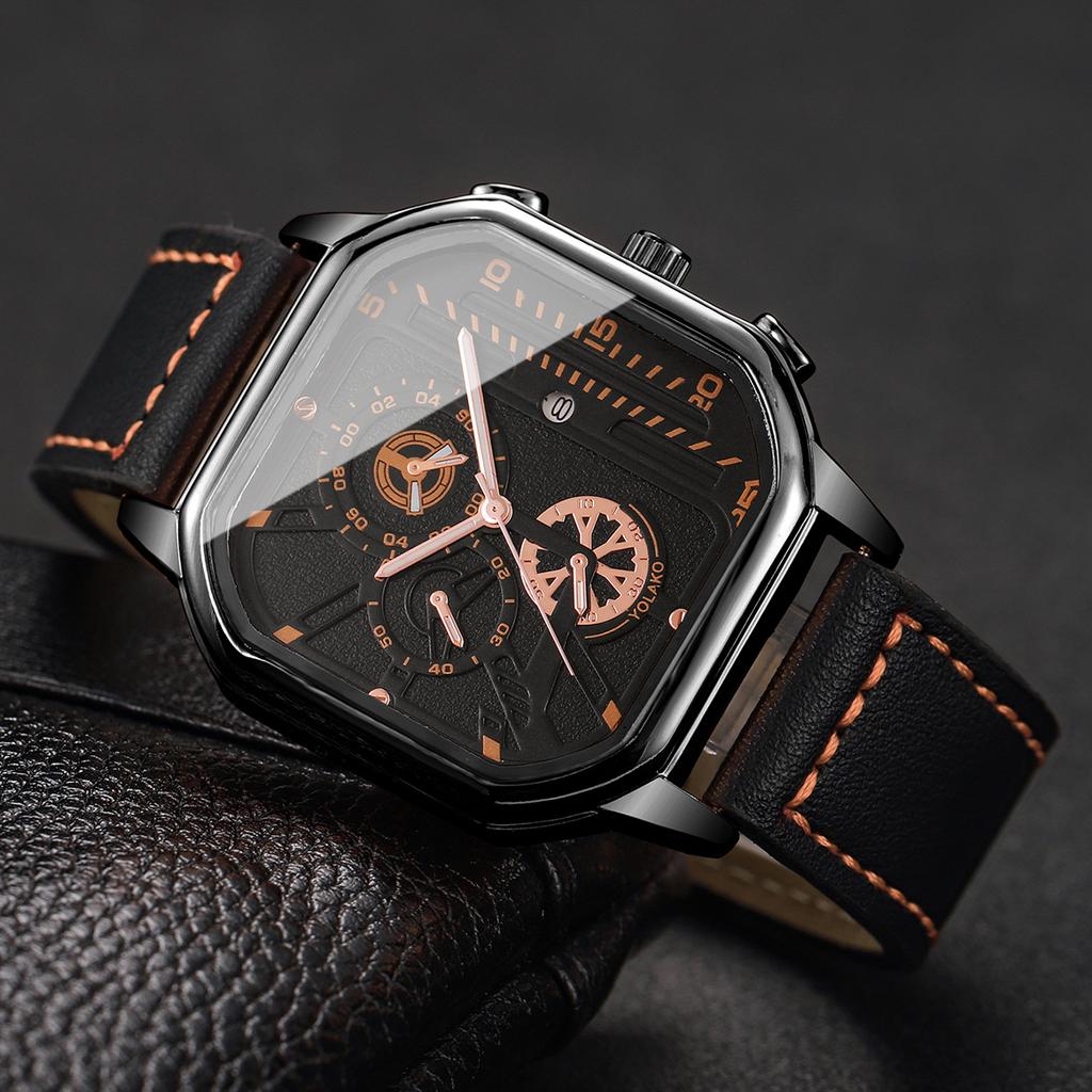 2PCS/Set Men Business Watches Fashion Square Quartz Watch With Calendar for Mens Clock Reloj Hombre