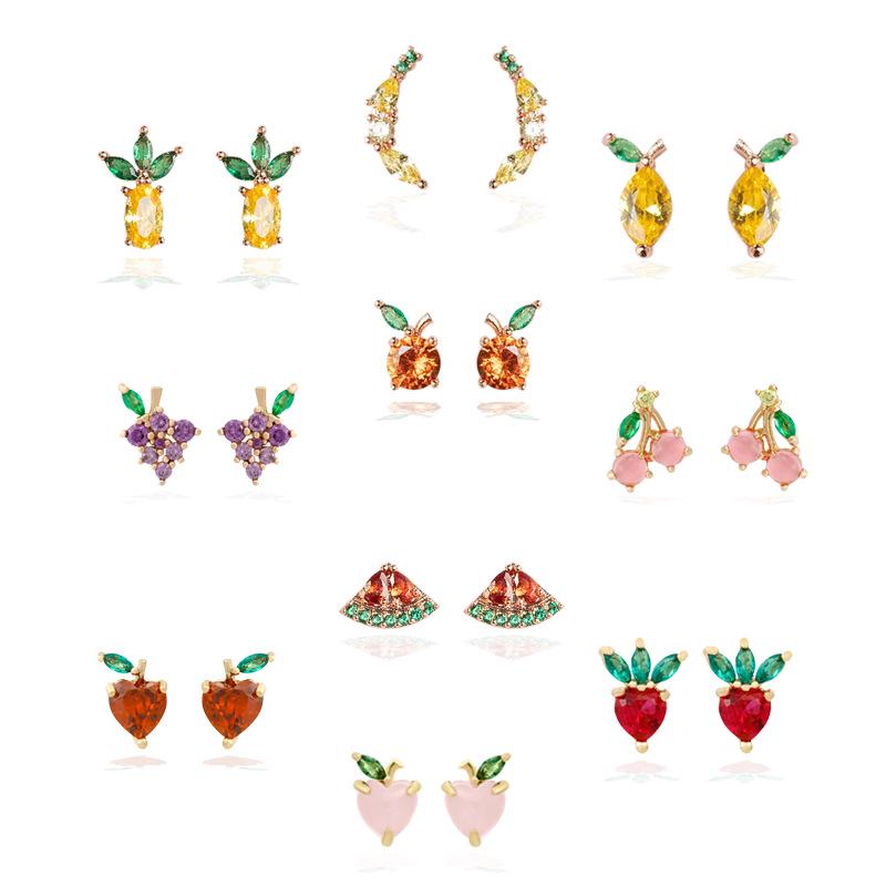 Tropical Fruit Zircon No-Piercing 925 Silver Stud Earrings – Lightweight Luxury Dangles for Women