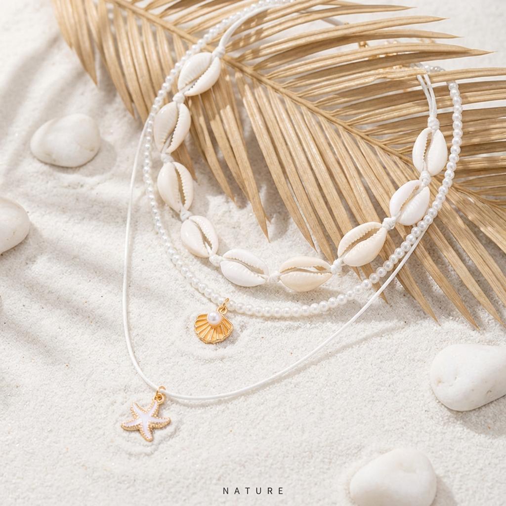Boho Multilayer Shell Starfish Pendant Necklace for Women Imitation Pearl Conch Layered Chain Choker Girls Beach Party Jewelry
