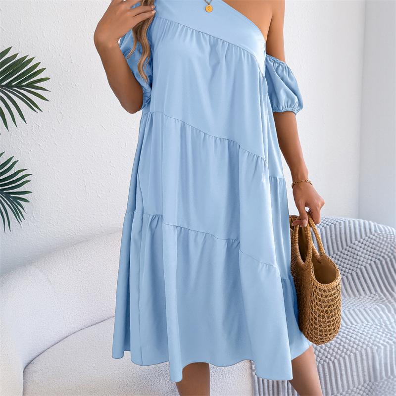 2026 Spring Summer Women's Off Shoulder Short Sleeved Ruffled Hem Long Skirt S-XL