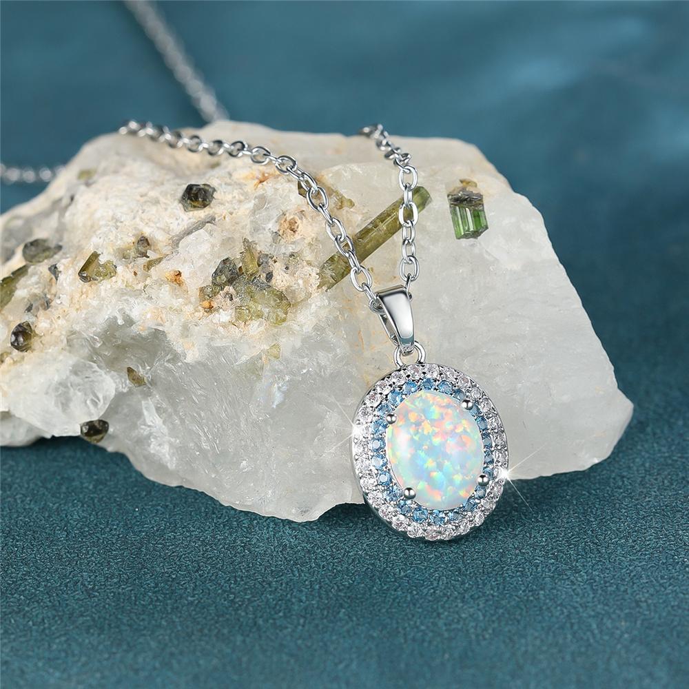 Female White Crystal Opal Oval Stone Pendant Necklace Vintage Silver Color Wedding Jewelry For Women