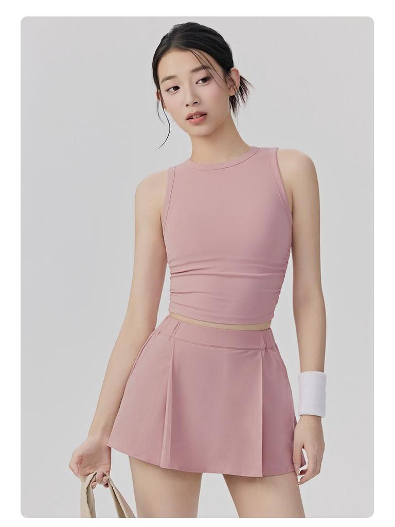 Women's Sportswear Set: Padded Bust Yoga Vest & Loose Casual Anti-exposure Skirt Shorts with Pleated Waistband and Belt
