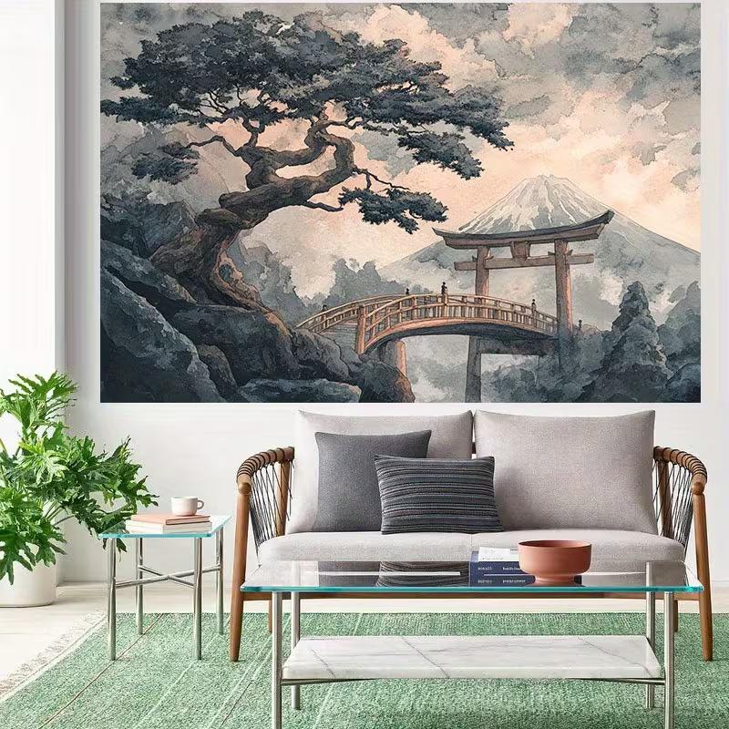 2D Asian Art Backdrop, Watercolor Mount Fuji with Shrine Gate & Pine Tree Banner