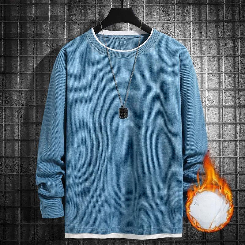 Loose Round Neck Inner Bottoming Shirt Trendy Men'S Waffle Fake Two Long-Sleeved T-Shirt Autumn And Winter Sweater