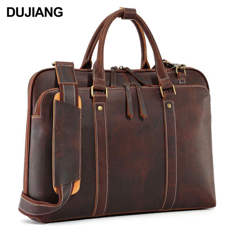 15-inch Men's Retro Genuine Leather Business Briefcase with Shoulder Strap