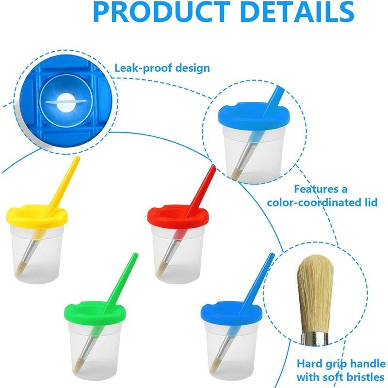 ABMH-Spill-Proof Paint Cups(4 Pieces) And 4 Color Hog Bristle Brush Set With Handles For Kids