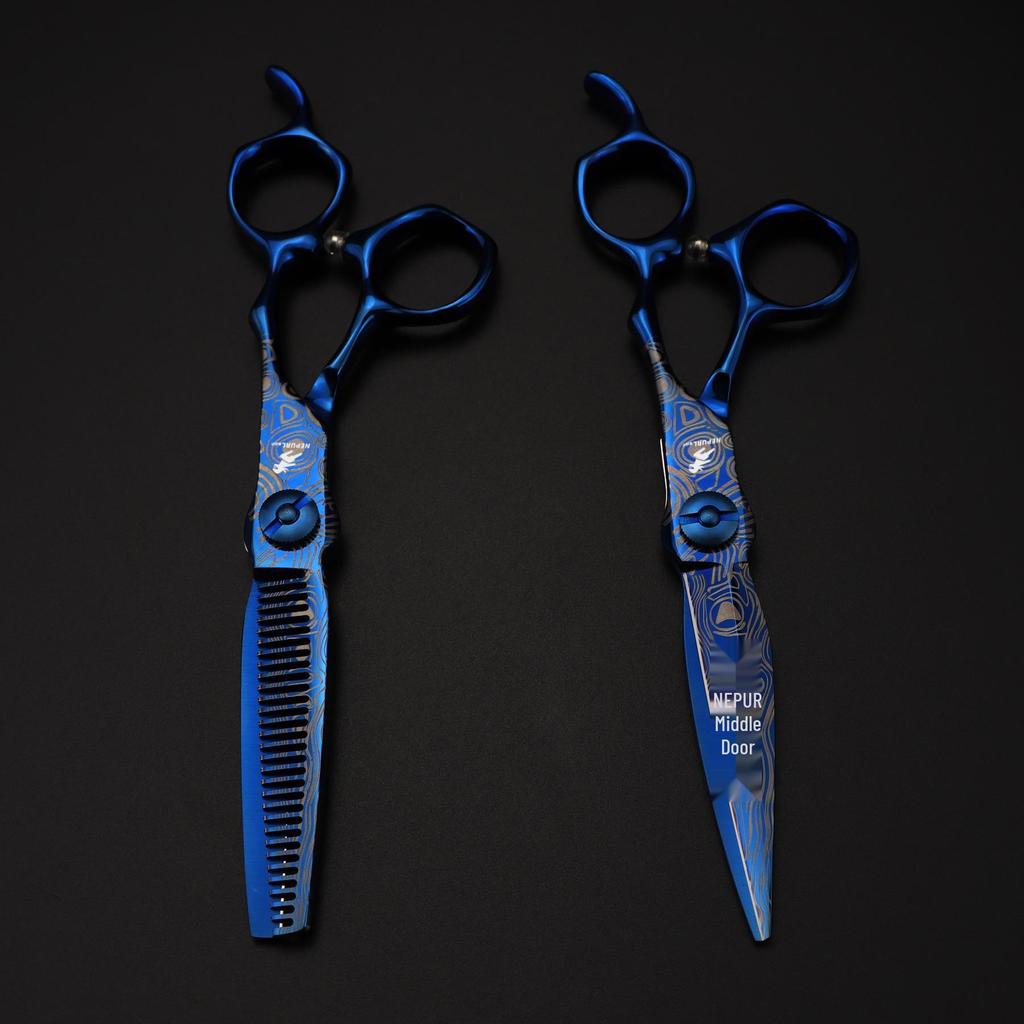 Blue 6" Napson Damascus Steel Hairdressing & Thinning Scissors with Serrated Edge