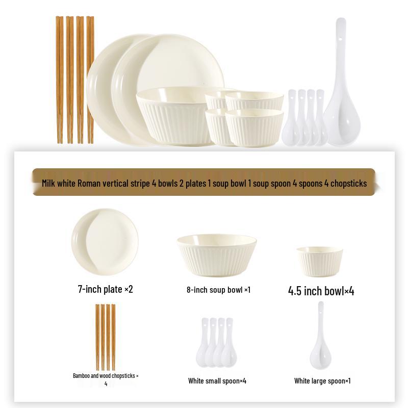 Japanese-Style Milk White Dishware Set: Creative Double-Handle Soup Bowl, Rice Bowl, Plate, and Vegetable Plate.