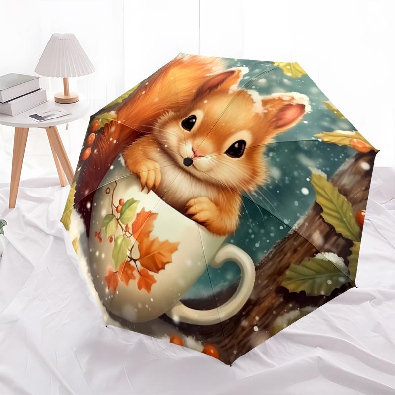 1 PC Automatic Folding Umbrella - Squirrel and Hedgehog Pattern, Portable & Foldable Design with 8 Ribs, Christmas Birthday Gifts