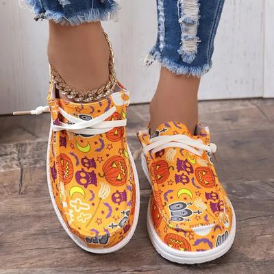 Women's L Sneakers Fashion Halloween Orange Pumpkin Skull Printing Comfort Flats Shoes Autumn Breathable Canvas Shoes 2024