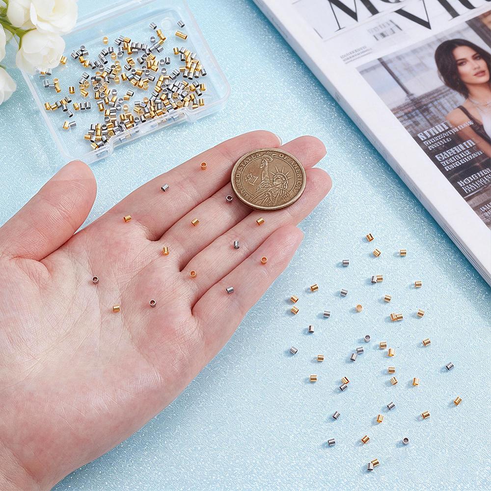 300Pcs 2 Colors 201 Stainless Steel Crimp Beads, Column, Mixed Color, 2x2mm, Hole: 1.5mm