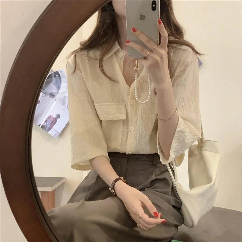 Women s Summer Textured Button Down Shirt Loose 3/4 Sleeve Blouse S