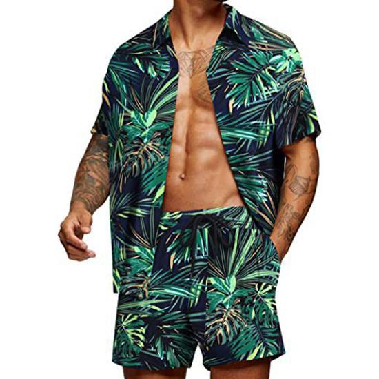 Spring and Summer Loose Beach Casual Men's Clothing Floral Print Fashion Top Shirt Set