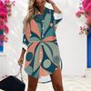 Women Plus Size Printed Long Sleeve Collared Button Front Curved Hem Shirt Dress