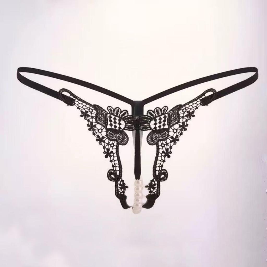 Pearl Massage Open Crotch Thong: Transparent Embroidery Low Waist T-Pant Lingerie