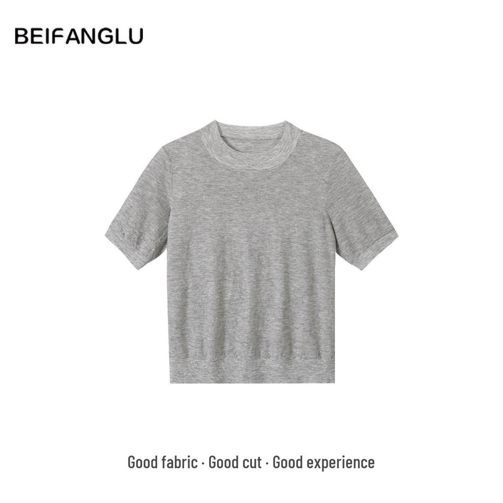 Northern Deer 2026 Summer Sequin Wool Knit Top - Short Sleeve, Round Neck, Elegant Style