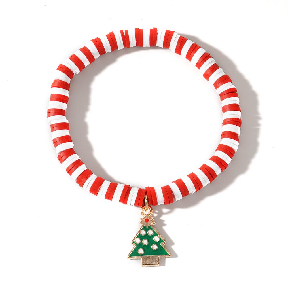 Christmas Clay Beaded Bracelet with Tree, Snowman, Bell & Reindeer Pendants In Red, White & Green - Festive Hand Jewelry