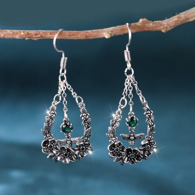 Ancient Silver Color Green Bee Flowers Tassel Earrings for Women Vintage Ear Hook Anniversary Jewelry Gift